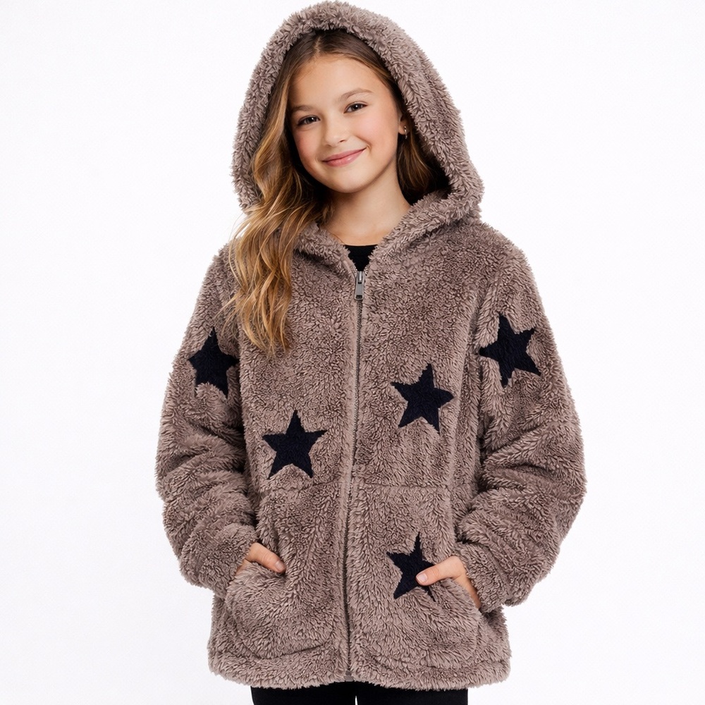 Vintage Havana Womens Star Sherpa Hoodie Teddy Fleece Jacket Brown Large L